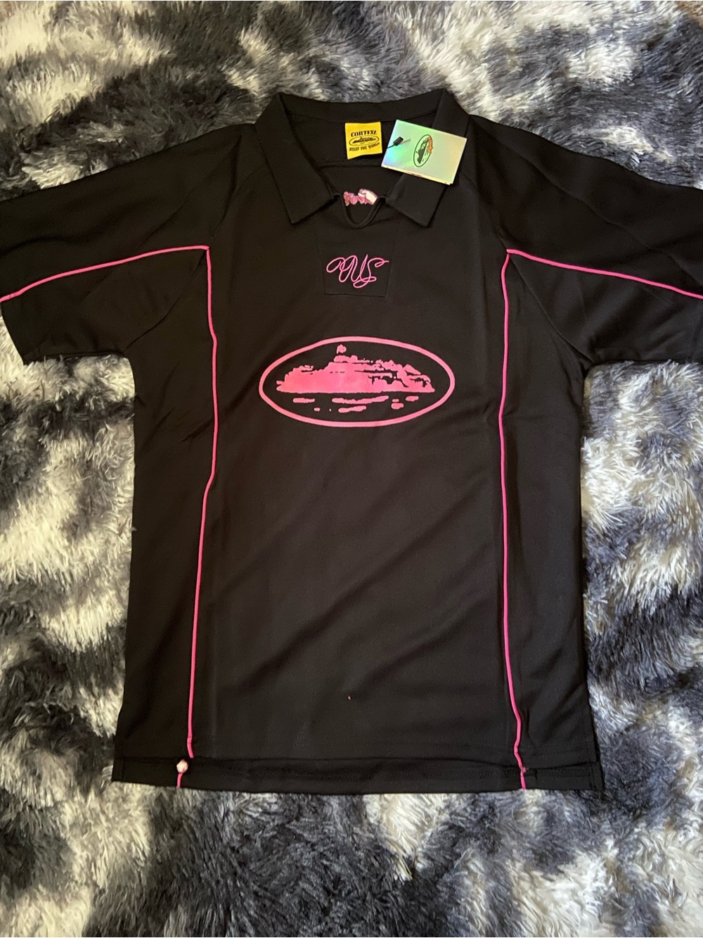 Corteiz Black Polo Shirt with Pink Trim